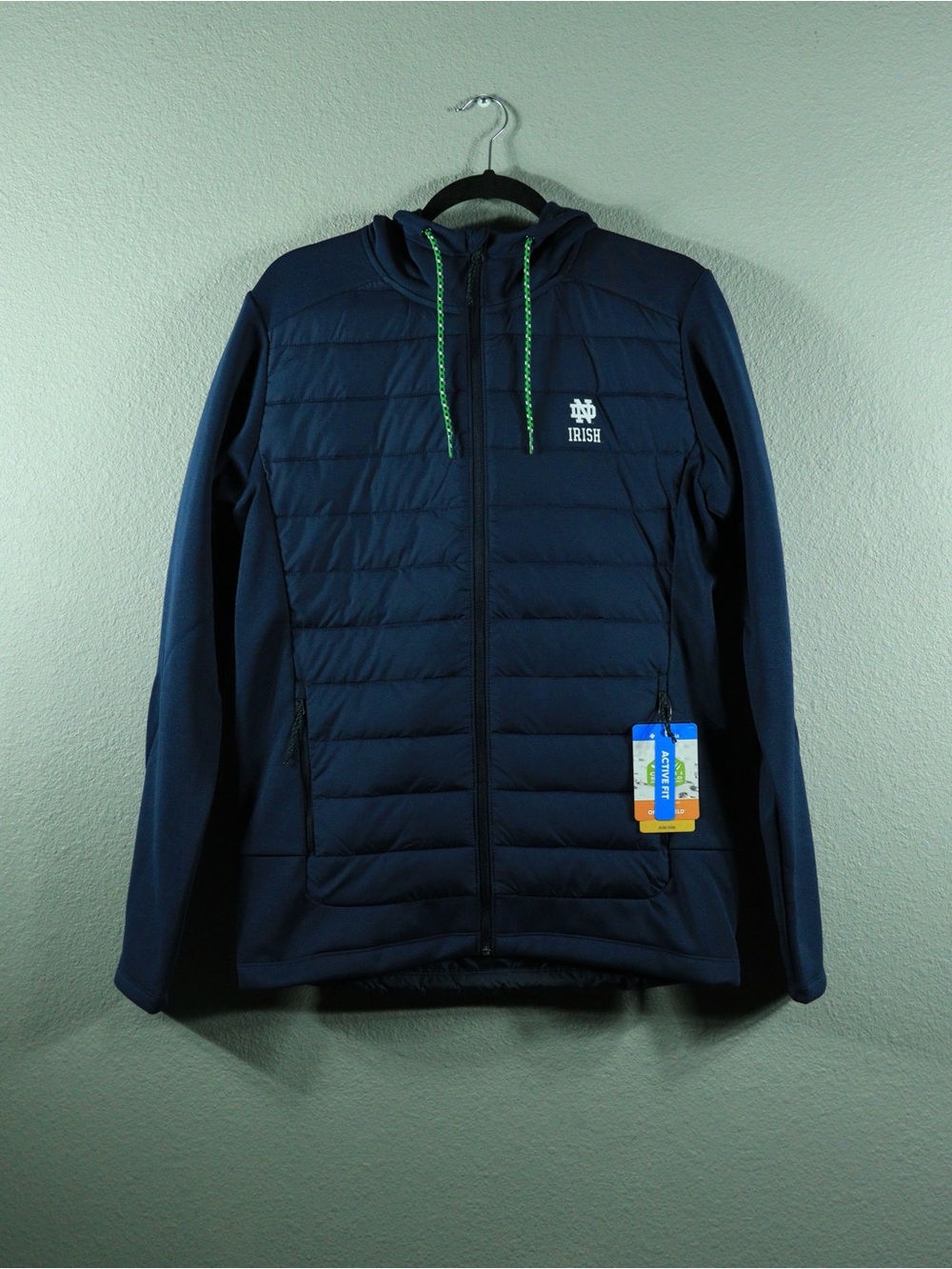 Columbia Notre Dame Navy Blue Quilted Puffer with Neon Green Drawcords